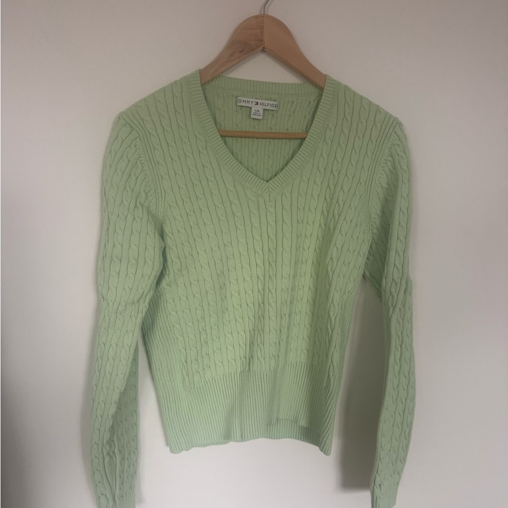 Tommy Hilfiger Mint Green Cable-Knit V-Neck Sweater